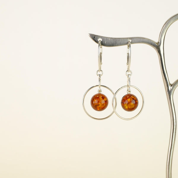 Cognac Amber in Sterling Silver Circle Earrings.