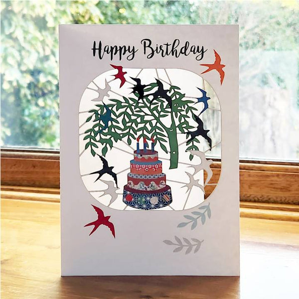 Laser Cut Birthday Card with Birthday Cake and Swallows.