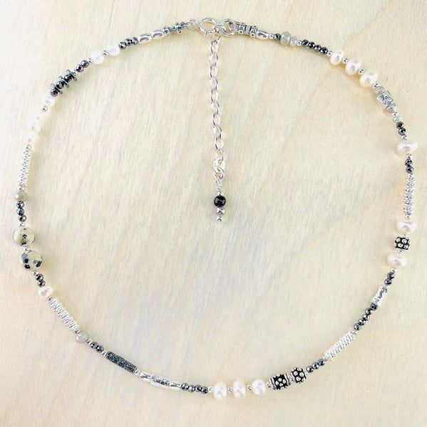 Freshwater Pearl, Picasso Jasper, Spinel and Silver Bead Necklace by Emily Merrix.