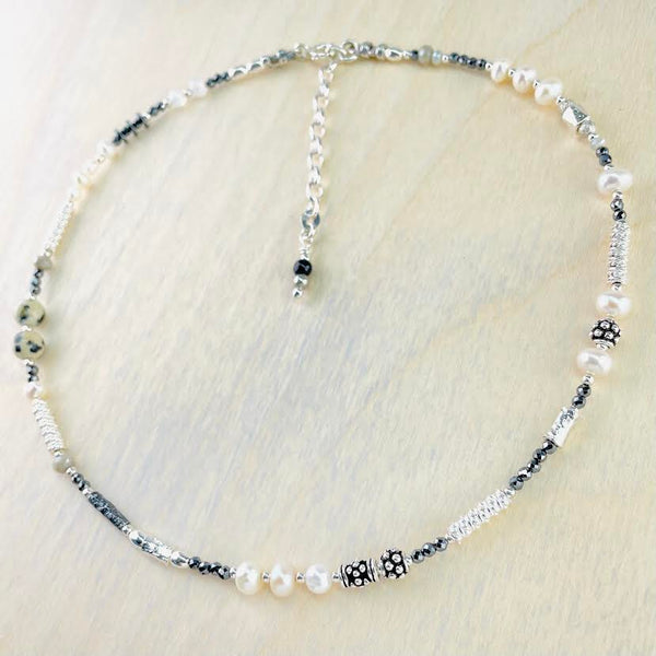 Freshwater Pearl, Picasso Jasper, Spinel and Silver Bead Necklace by Emily Merrix.