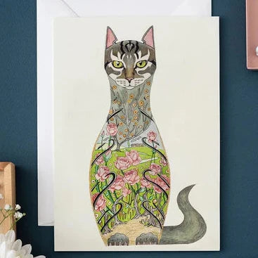 'Cat in a Rose Garden' Blank Greetings Card.