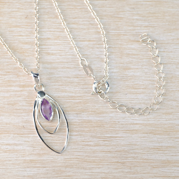 Marquise Shaped Amethyst and Silver Pendant.