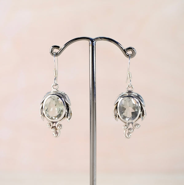 Sterling Silver and Green Amethyst Art Nouveau Style Drop Earrings.