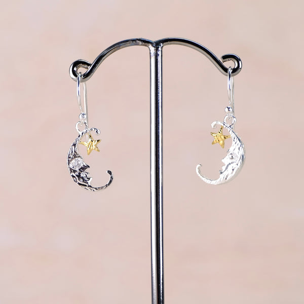 Silver and Gold Plated Man in the Moon Drop Earrings.