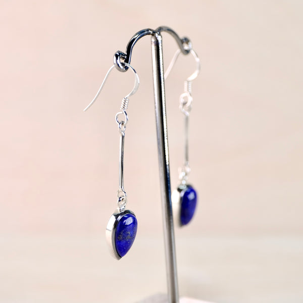 Tear Drop Lapis Lazuli Earrings on a Long Sterling Silver Stem.
