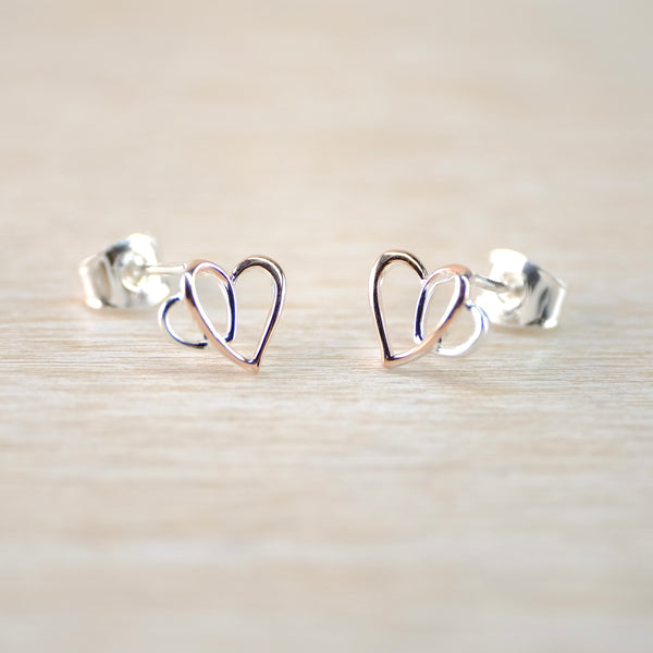 Silver and Rose Gold Double Heart Stud Earrings (Small) by 'Unique and Co'