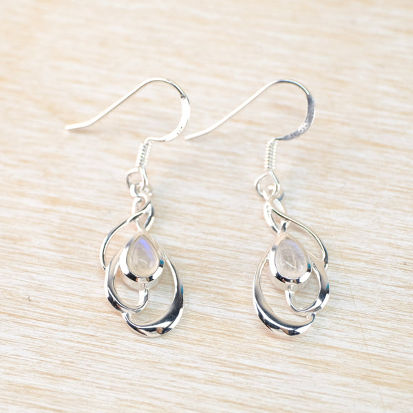 Sterling Silver Swirl and Rainbow Moonstone Earrings.