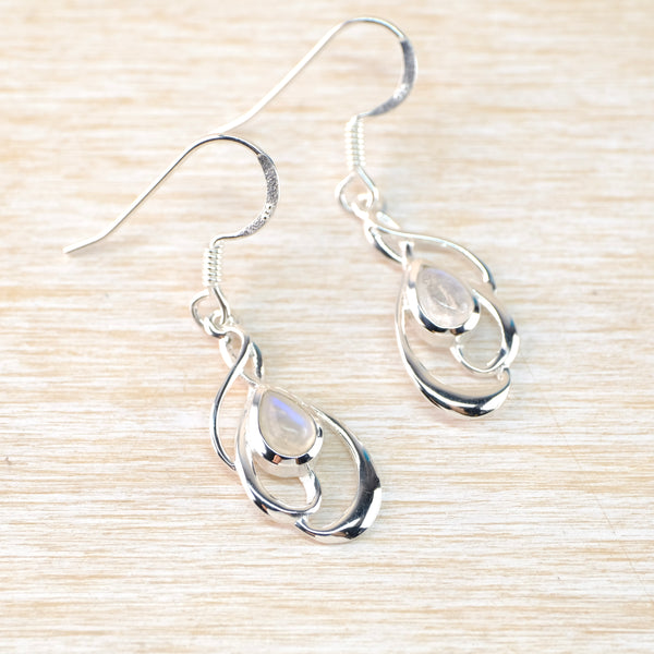 Sterling Silver Swirl and Rainbow Moonstone Earrings.