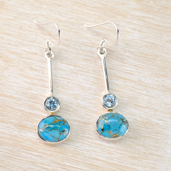 Sterling Silver, Blue Topaz and Mojave Turquoise Drop Earrings.