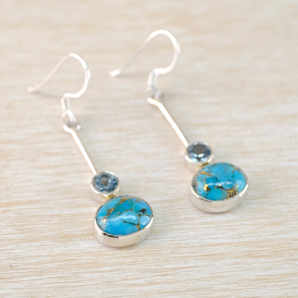 Sterling Silver, Blue Topaz and Mojave Turquoise Drop Earrings.