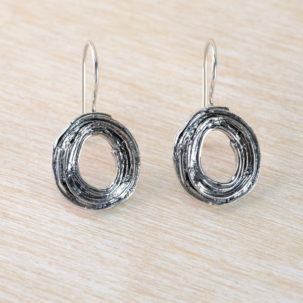 Textured Silver Round Drop Earrings by JB Designs.