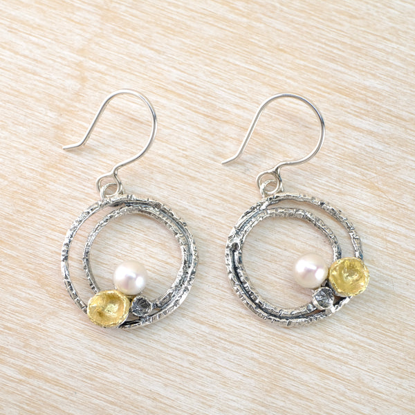 Silver with Gold Plated Detail and Freshwater Pearl Drop Earrings by JB Designs