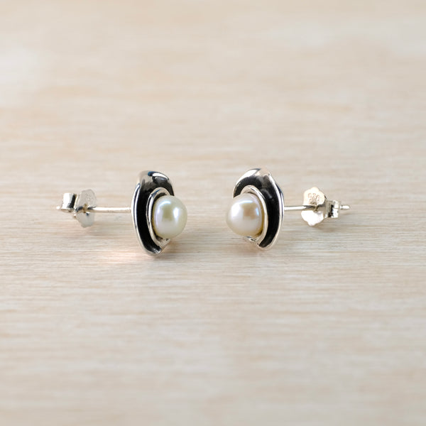 Sterling Silver and Pearl Spiral Stud Earrings.