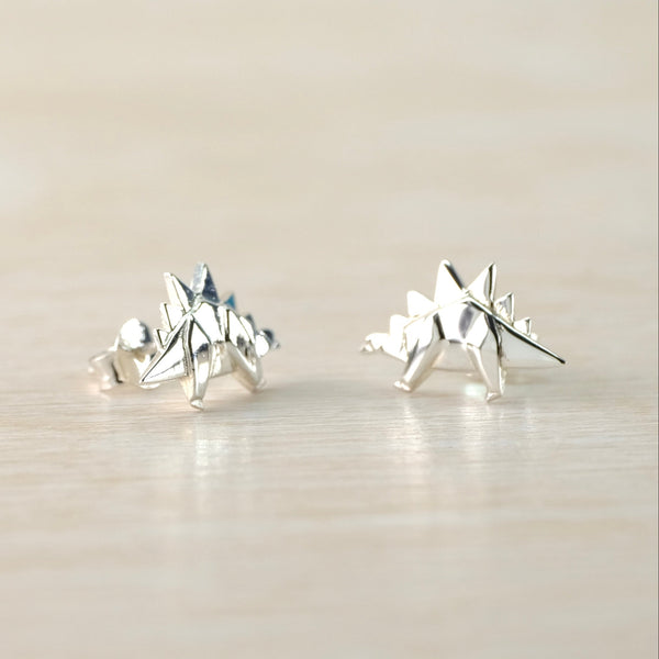 Silver Origami Stegosaurus Stud Earrings