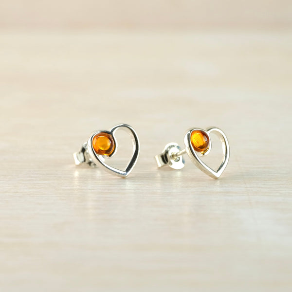 Baltic Amber and Silver Heart Stud Earrings.