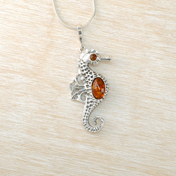Amber and Silver Seahorse Pendant.