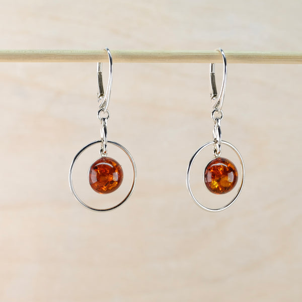 Cognac Amber in Sterling Silver Circle Earrings.