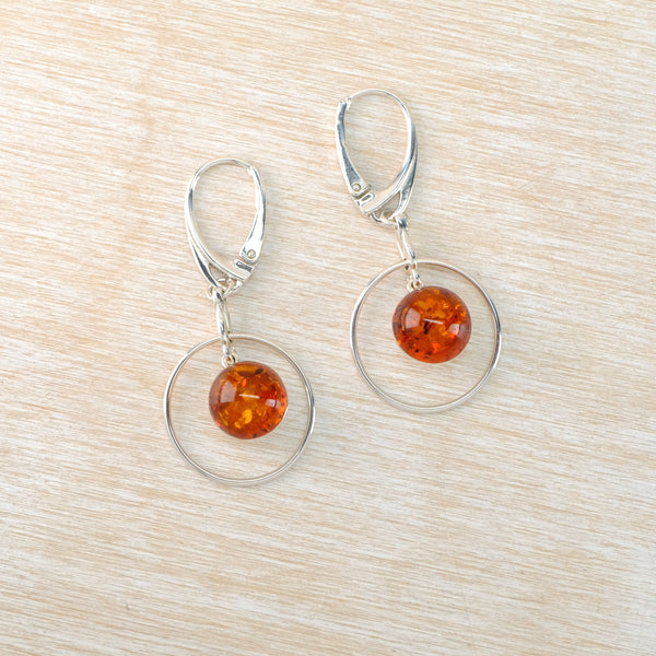Cognac Amber in Sterling Silver Circle Earrings.