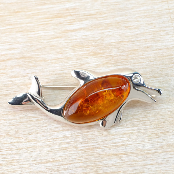 Sterling Silver and Amber Dolphin Brooch.