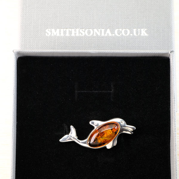 Sterling Silver and Amber Dolphin Brooch.
