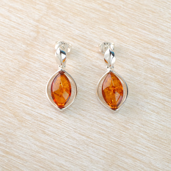 Marquise Shape Amber and Silver Drop Earrings.
