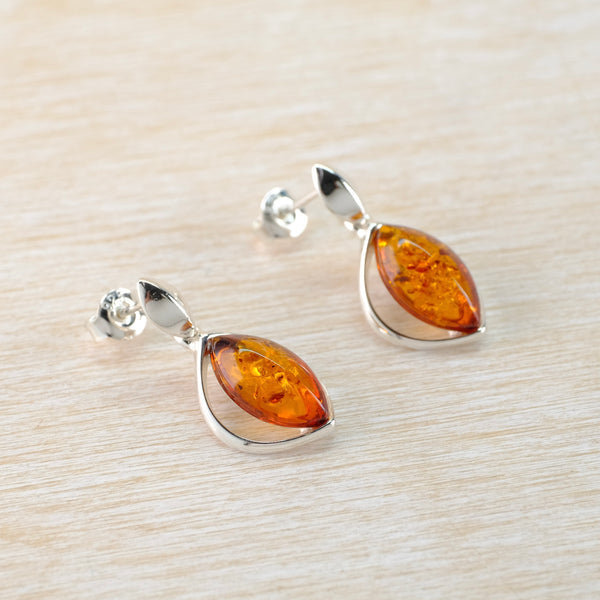 Marquise Shape Amber and Silver Drop Earrings.
