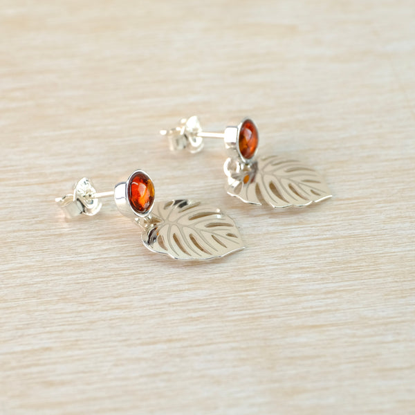 Amber and Sterling Silver 'Leaf' Design Earrings.
