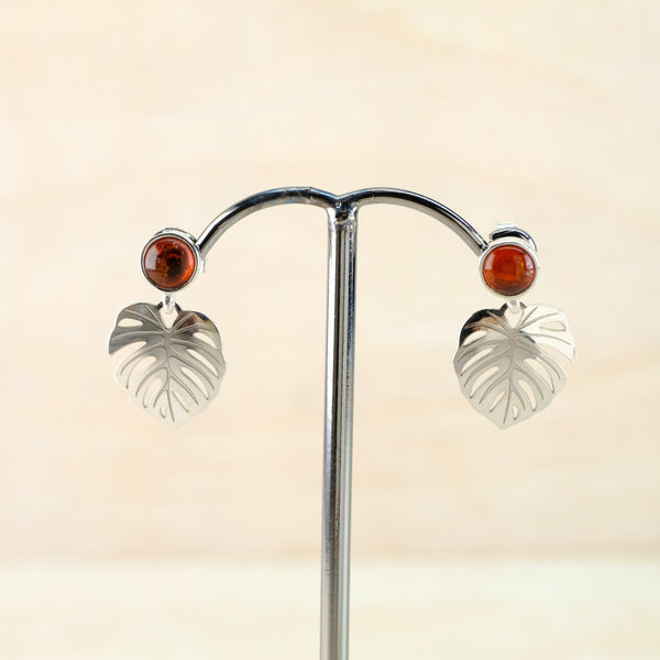 Amber and Sterling Silver 'Leaf' Design Earrings.