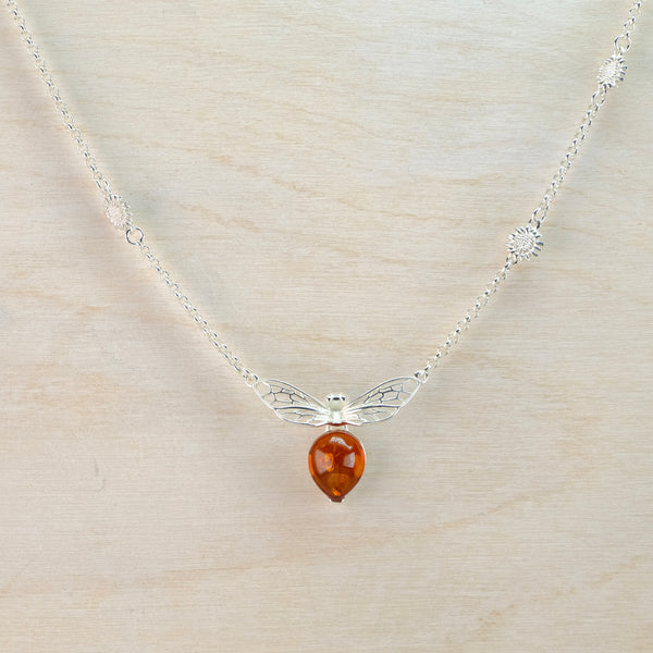 Amber and Silver Bee Necklace.