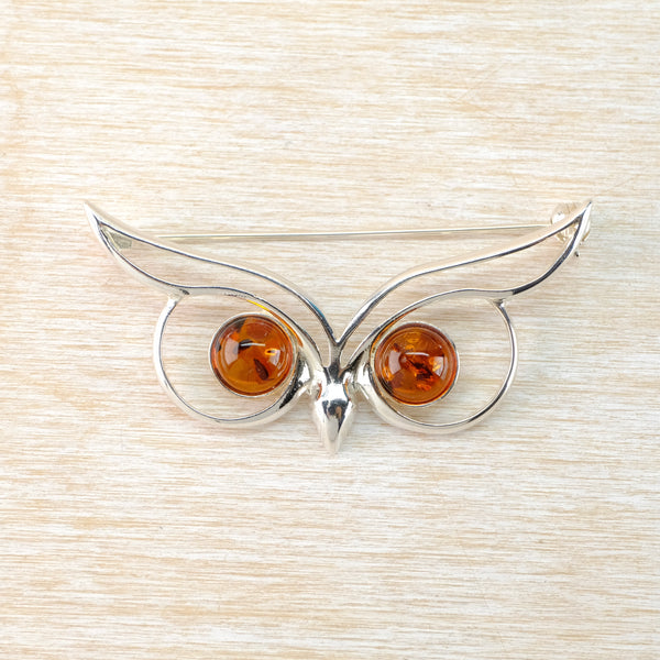 Silver and Amber Owl Face Brooch
