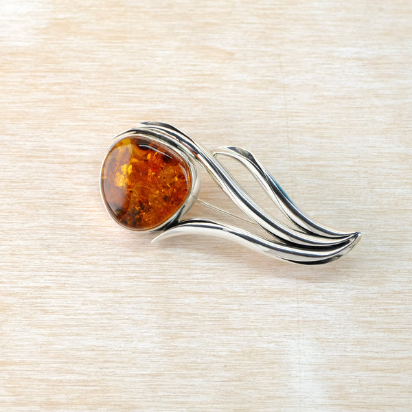 Sterling Silver and Amber Flower Design Brooch.