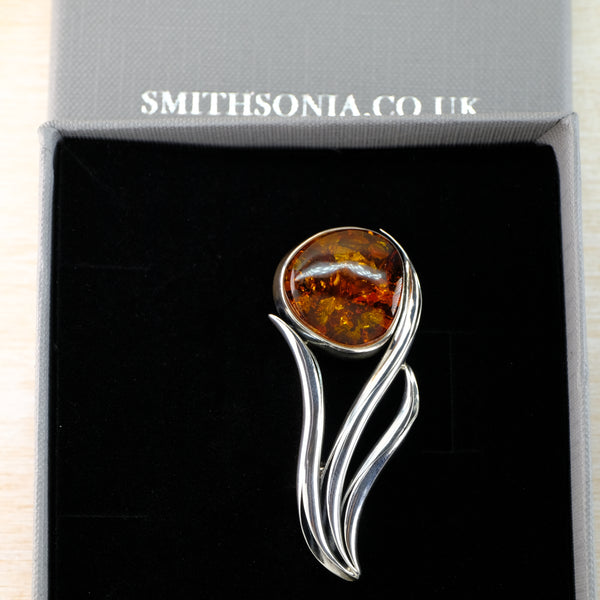 Sterling Silver and Amber Flower Design Brooch.