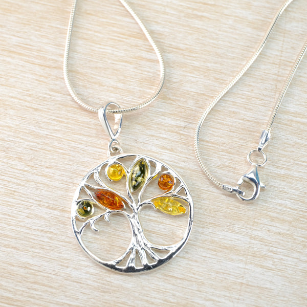 Mixed Amber and Silver 'Tree of Life' Pendant.