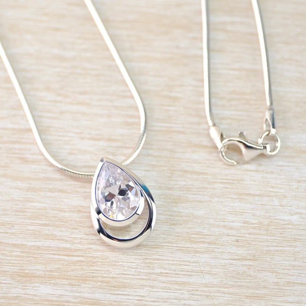 Tear Drop Sterling Silver and CZ  Pendant by JB Designs.