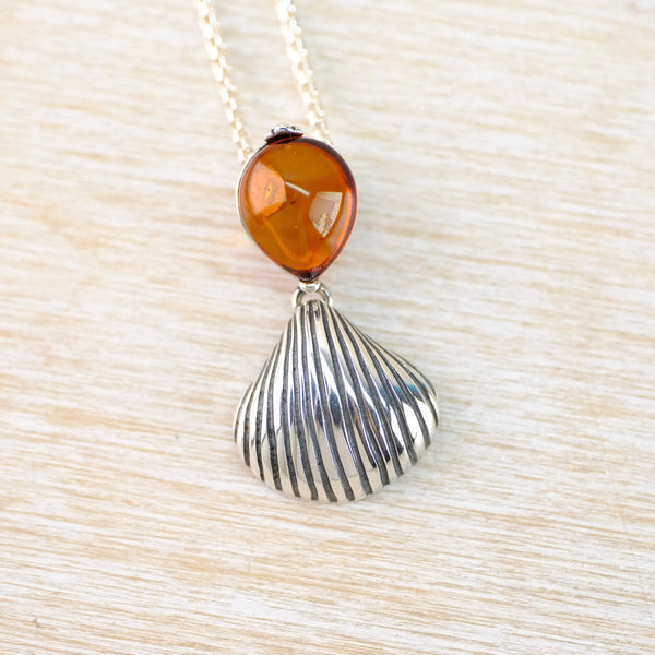 Amber and Silver Shell Pendant.