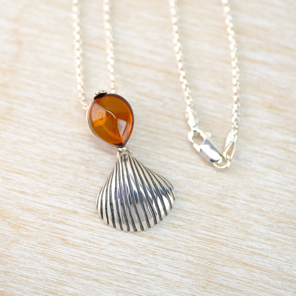 Amber and Silver Shell Pendant.