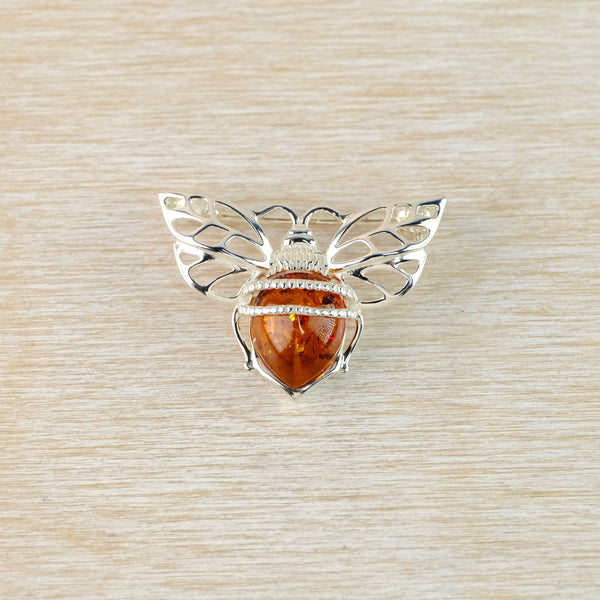 Sterling Silver and Amber Bee Design Brooch.
