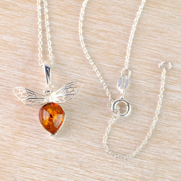 Sterling Silver and Cognac Amber Bee Design Pendant.
