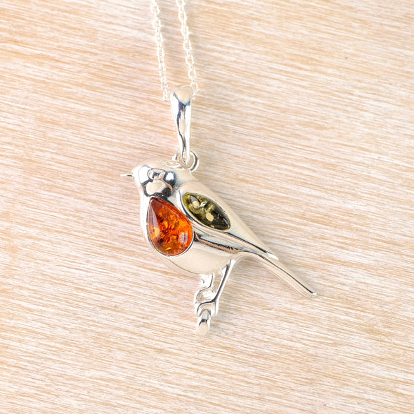 Amber and Silver Robin Pendant.