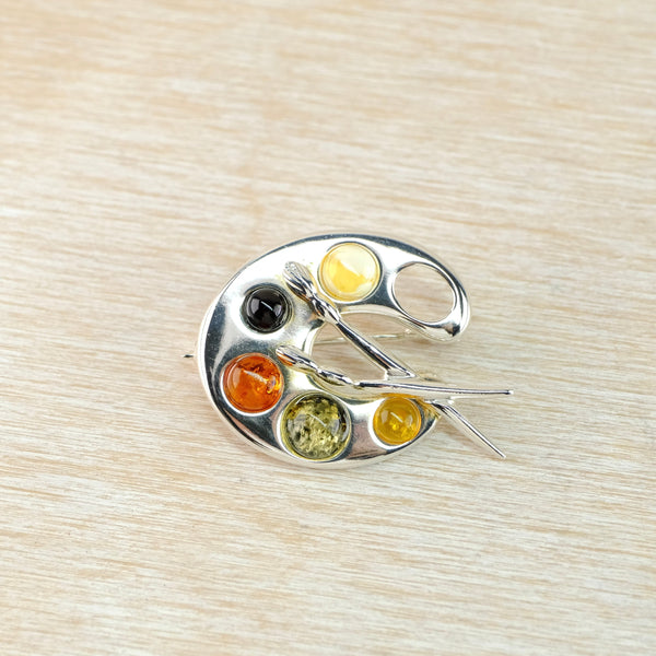 Amber and Sterling Silver Artist Palette Brooch.