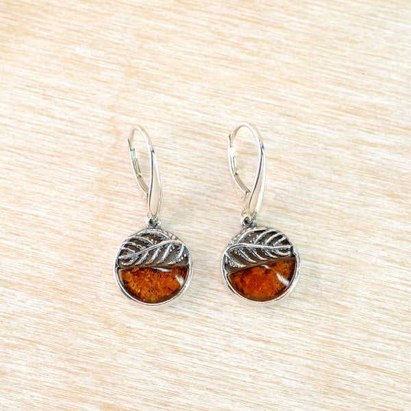 Amber and Silver Fern Drop Earrings.
