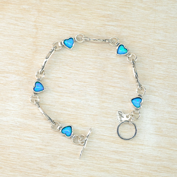 Silver and Opal Heart Linked Bracelet.