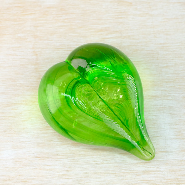 Lime Green Hand Blown Glass Heart Paperweight.