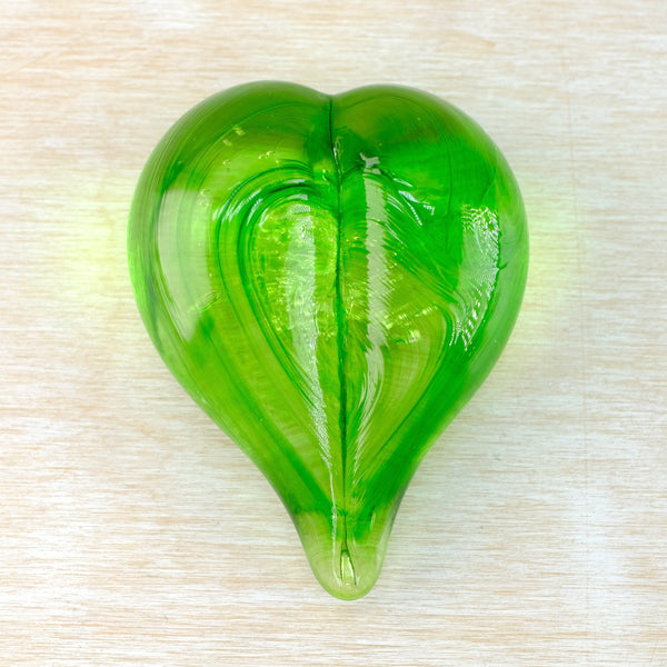 Lime Green Hand Blown Glass Heart Paperweight.