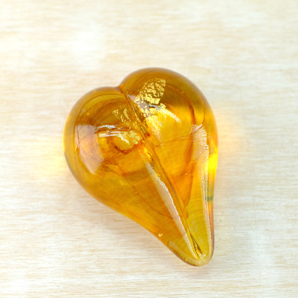 Goldie Yellow Hand Made Textured Blown Glass Heart Paperweight.