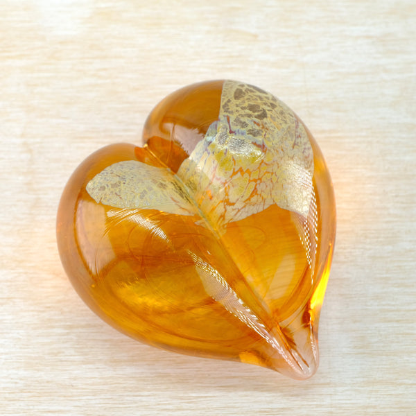 Goldie yellow Hand Made Blown Glass Heart Paperweight.