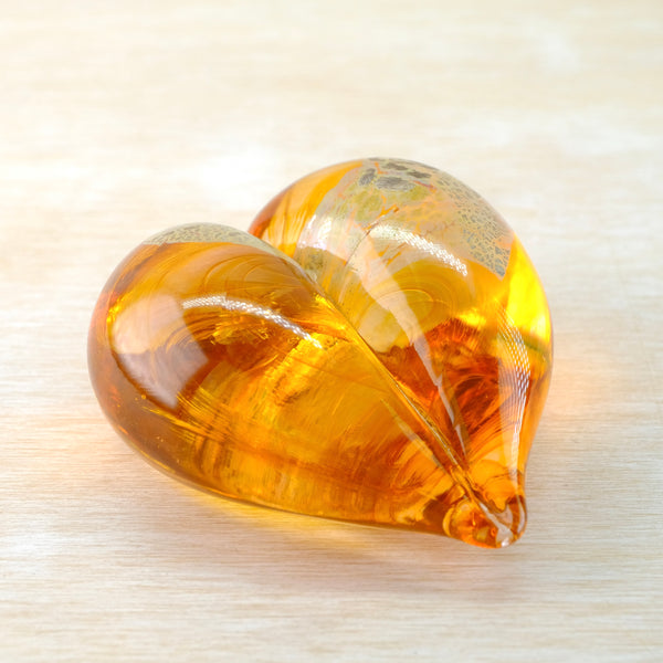 Goldie yellow Hand Made Blown Glass Heart Paperweight.