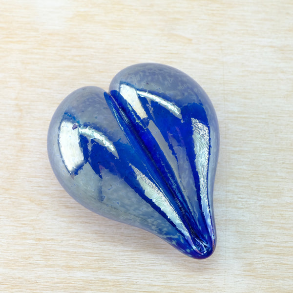 Metalic Blue Hand Made Blown Glass Heart Paperweight.