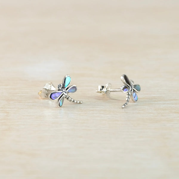 Abalone Shell and Silver Dragonfly Stud Earrings.