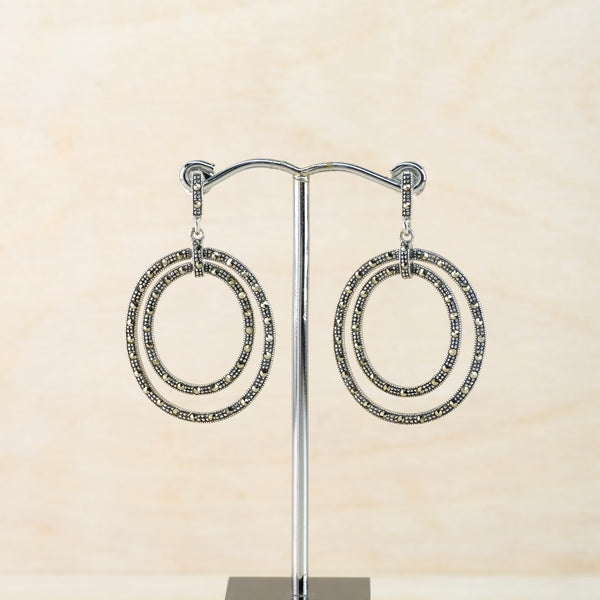 Marcasite and Silver Double Circle Drop Earrings.